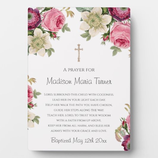 Roze bloemen Baptisme Prayer Fotoplaat (voorkant)