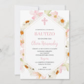 Roze Bloemen Bautizo Spaanse Uitnodiging (Voorkant)