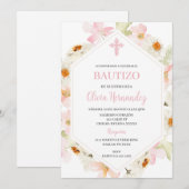 Roze Bloemen Bautizo Spaanse Uitnodiging (Voorkant / Achterkant)