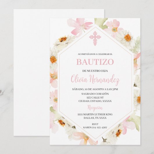 Roze Bloemen Bautizo Spaanse Uitnodiging (Voorkant / Achterkant)