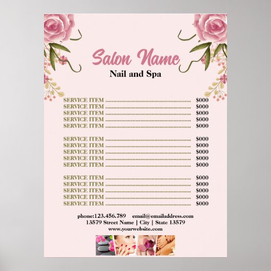 Roze Bloemen Beauty Nail Salon Prijs Lijst menu Poster (Voorkant)