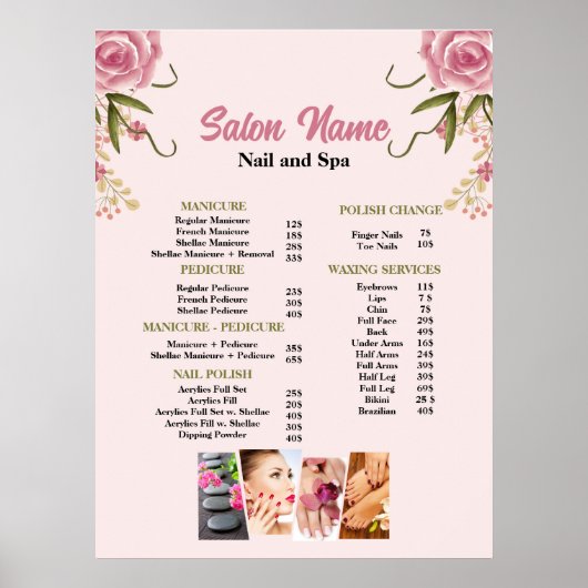 Roze Bloemen Beauty Nail Salon Prijs Lijst menu Poster (Voorkant)