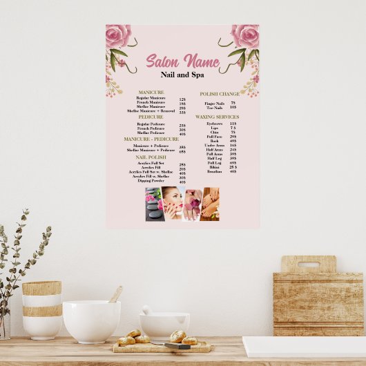 Roze Bloemen Beauty Nail Salon Prijs Lijst menu Poster (Keuken)