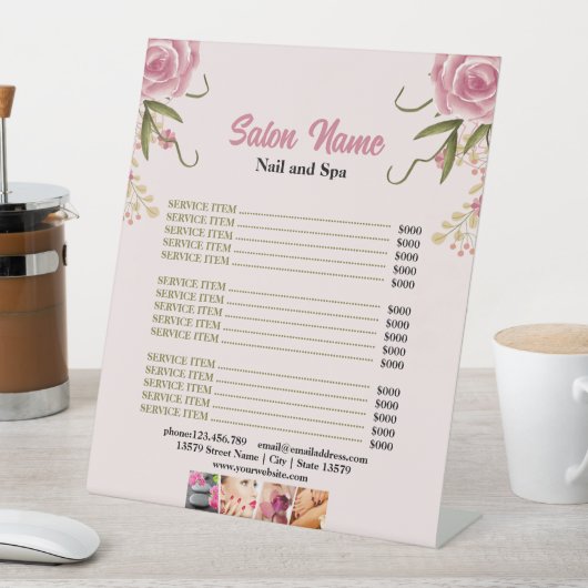 Roze Bloemen Beauty Nail Salon Prijs Lijst menu Reclamebord Met Voetstuk (Insitu)