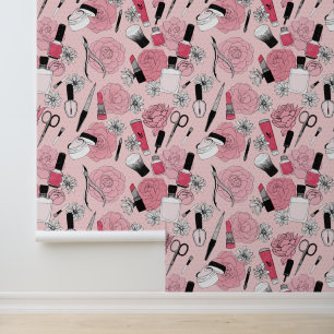 Roze Bloemen Beauty Producten Patroon Behang
