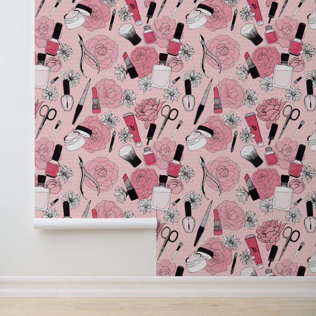 Roze Bloemen Beauty Producten Patroon Behang (Applicatie)