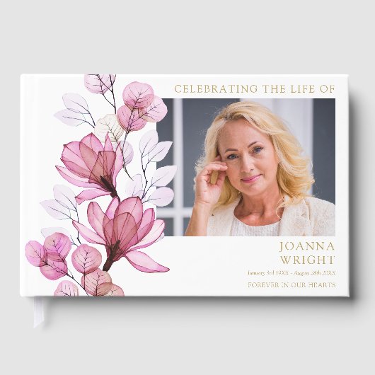 Roze Bloemen Begrafenis Viering van het Leven Foto Gastenboek (Voorkant)