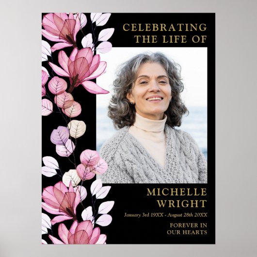 Roze Bloemen begrafenis viering van het leven Foto Poster (Voorkant)