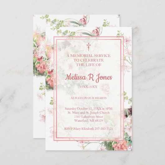 Roze Bloemen Begrafenis Viering van het Leven Geli Notitiekaartje (Voorkant / Achterkant)