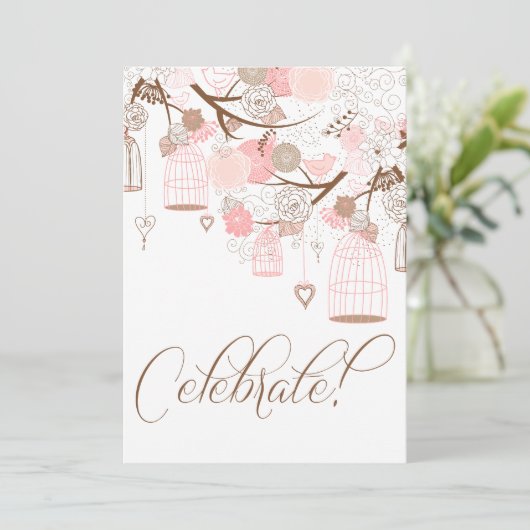 Roze bloemen & Birdcages Birthday-uitnodigingen Kaart (Staand voorkant)
