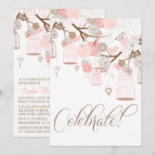 Roze bloemen & Birdcages Birthday-uitnodigingen Kaart (Voorkant / Achterkant)