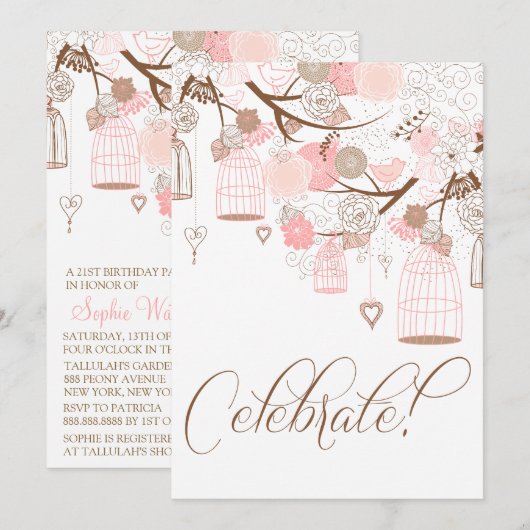 Roze bloemen & Birdcages Birthday-uitnodigingen Kaart (Voorkant / Achterkant)