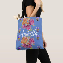 Roze bloemen Birthday Girls Bag Blue Tote Bag