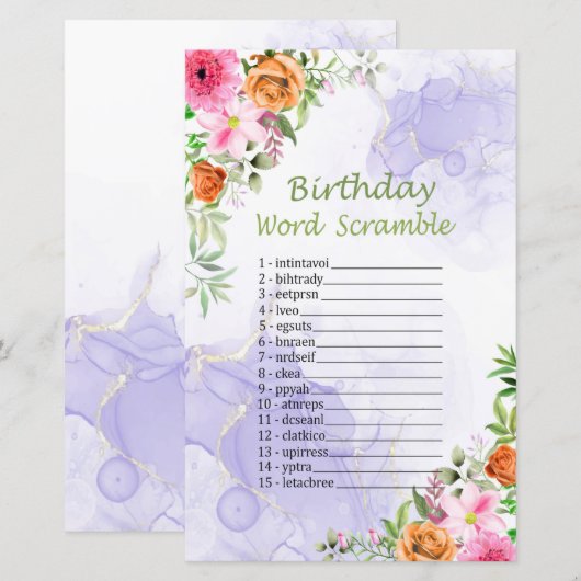 Roze bloemen Birthday Word Scramble Game (Voorkant / Achterkant)