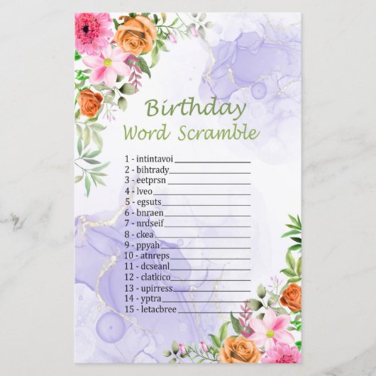 Roze bloemen Birthday Word Scramble Game (Voorkant)