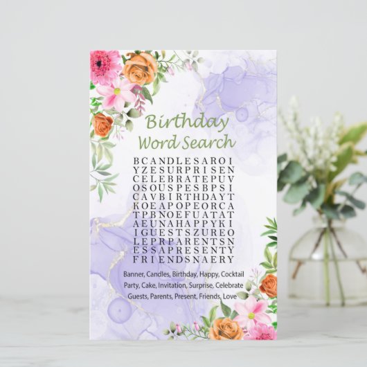 Roze bloemen Birthday Word Search Game (Staand voorkant)