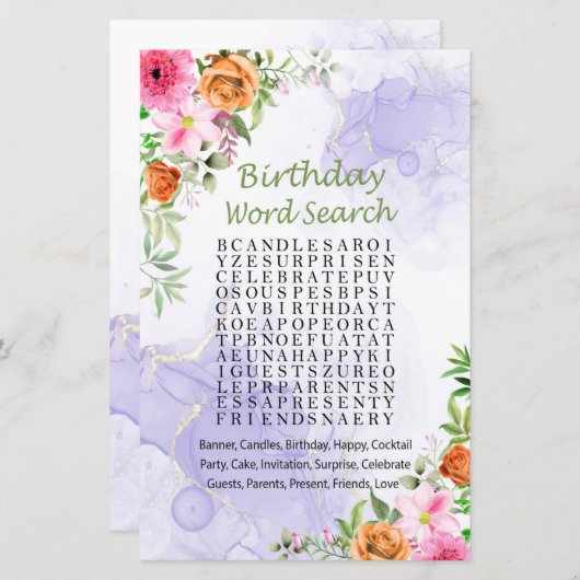 Roze bloemen Birthday Word Search Game (Voorkant / Achterkant)
