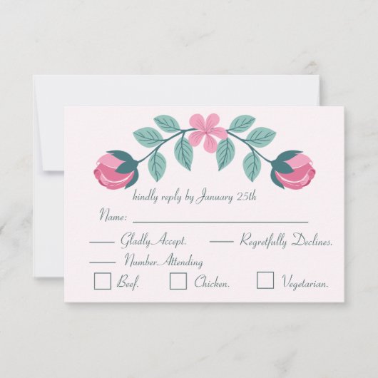 roze bloemen & bladeren reactiekaart RSVP Kaartje (Voorkant)