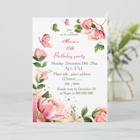roze bloemen bladeren vlinder kaart (Staand voorkant)