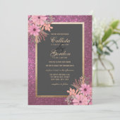 Roze Bloemen Bladeren Waterverf Glitter Wedding Kaart (Staand voorkant)