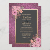 Roze Bloemen Bladeren Waterverf Glitter Wedding Kaart (Voorkant / Achterkant)