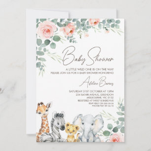 Roze Bloemen Bladgroen Safari Wild Een Baby shower Kaart