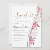Roze Bloemen Bladgroen Zoet Zestien 16 Verjaardag Kaart (Voorkant)
