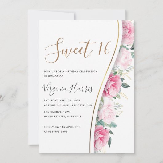 Roze Bloemen Bladgroen Zoet Zestien 16 Verjaardag Kaart (Voorkant)