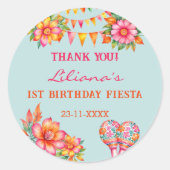 Roze Bloemen Blauw Fiesta 1e verjaardag gunst Ronde Sticker (Voorkant)