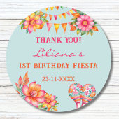 Roze Bloemen Blauw Fiesta 1e verjaardag gunst Ronde Sticker