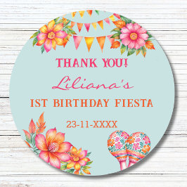 Roze Bloemen Blauw Fiesta 1e verjaardag gunst Ronde Sticker