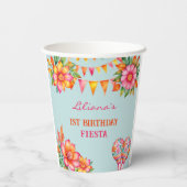 Roze Bloemen Blauw Fiesta 1e verjaardag Papieren Bekers (Achterkant)