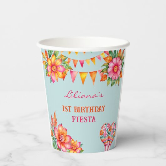 Roze Bloemen Blauw Fiesta 1e verjaardag Papieren Bekers (Achterkant)