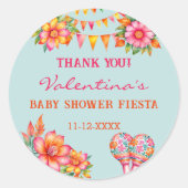 Roze Bloemen Blauw Fiesta Baby shower Dank u Ronde Sticker (Voorkant)