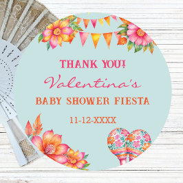 Roze Bloemen Blauw Fiesta Baby shower Dank u Ronde Sticker