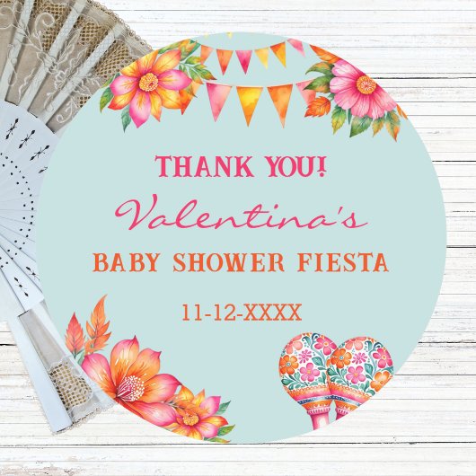 Roze Bloemen Blauw Fiesta Baby shower Dank u Ronde Sticker