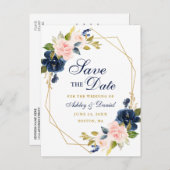 Roze Bloemen Blauw Goud Lijst Save the Date Briefk Aankondigingskaart (Voorkant / Achterkant)