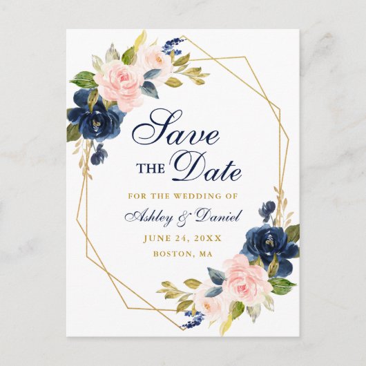 Roze Bloemen Blauw Goud Lijst Save the Date Briefk Aankondigingskaart (Voorkant)