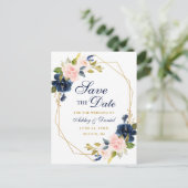 Roze Bloemen Blauw Goud Lijst Save the Date Briefk Aankondigingskaart (Staand voorkant)