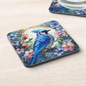 Roze Bloemen Blauw Jay Vogel Glas in lood Bier Onderzetter (Linkerzijde)