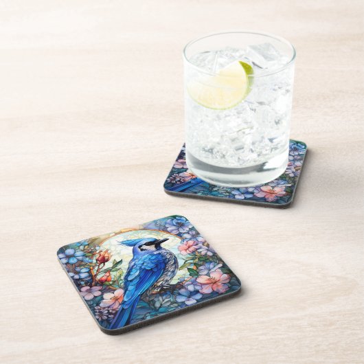 Roze Bloemen Blauw Jay Vogel Glas in lood Bier Onderzetter (Rechterzijde)