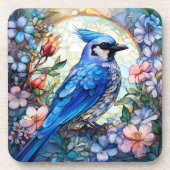 Roze Bloemen Blauw Jay Vogel Glas in lood Bier Onderzetter (Voorkant)
