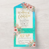 Roze bloemen Blauwe Groene Goud Confetti Weddensch All In One Uitnodiging (Binnen)