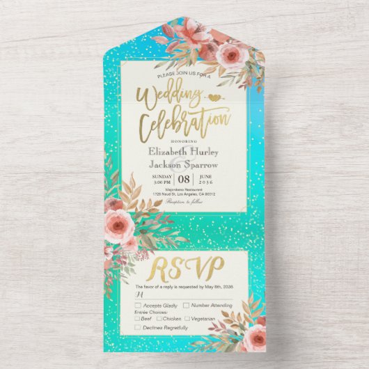 Roze bloemen Blauwe Groene Goud Confetti Weddensch All In One Uitnodiging (Binnen)