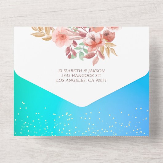 Roze bloemen Blauwe Groene Goud Confetti Weddensch All In One Uitnodiging (Achterkant)