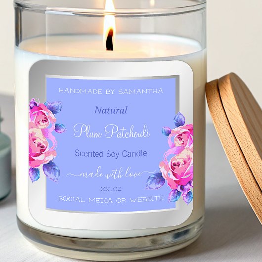 Roze bloemen Blauwe Zilververpakking Etiketten voo