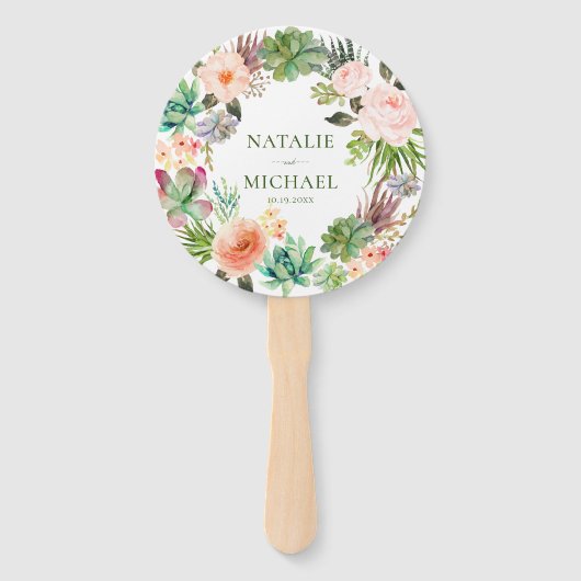 Roze Bloemen Blauwgroen Groene Sappige Cactus Brui Handwaaier (Voorkant)