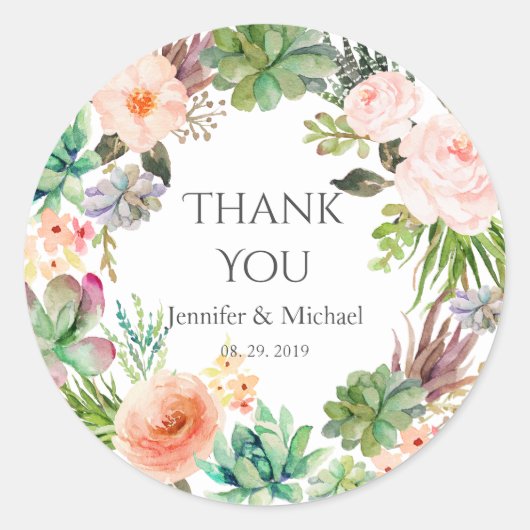 Roze Bloemen Blauwgroen Groene Sappige Cactus Brui Ronde Sticker (Voorkant)