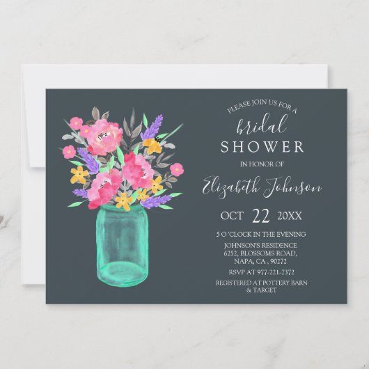 Roze Bloemen Blauwgroen Mason Jar Rustiek Vrijgeze Kaart (Voorkant)