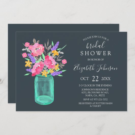 Roze Bloemen Blauwgroen Mason Jar Rustiek Vrijgeze Kaart (Voorkant / Achterkant)